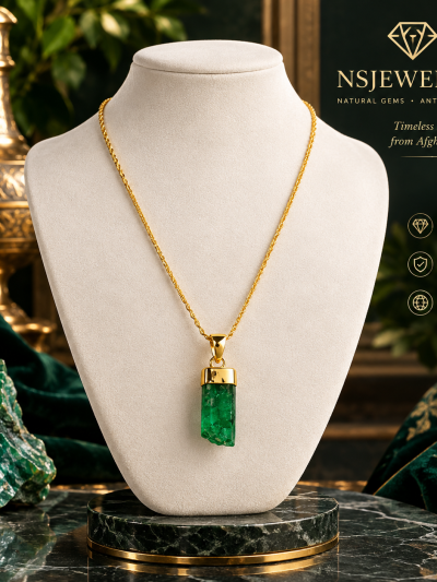 Afghan Panjshir Emerald Necklace in 18K Gold Handmade Uncut Emerald